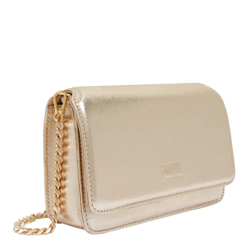 Bolsa Flap Bag Couro Metalizado Dourada Alça Corrente - vista 2 de 3