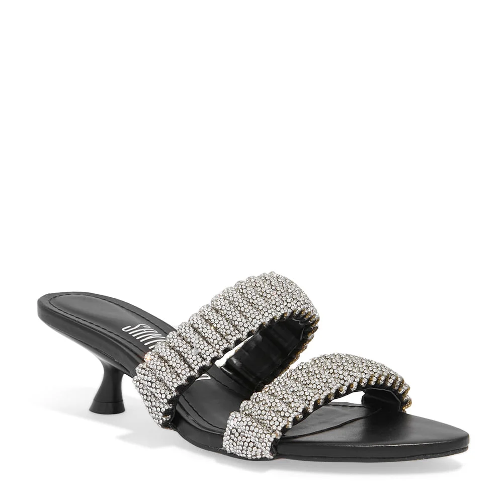 Mule Tiras Strass Napa Soft Preto Salto Fino Baixo - vista 2 de 3