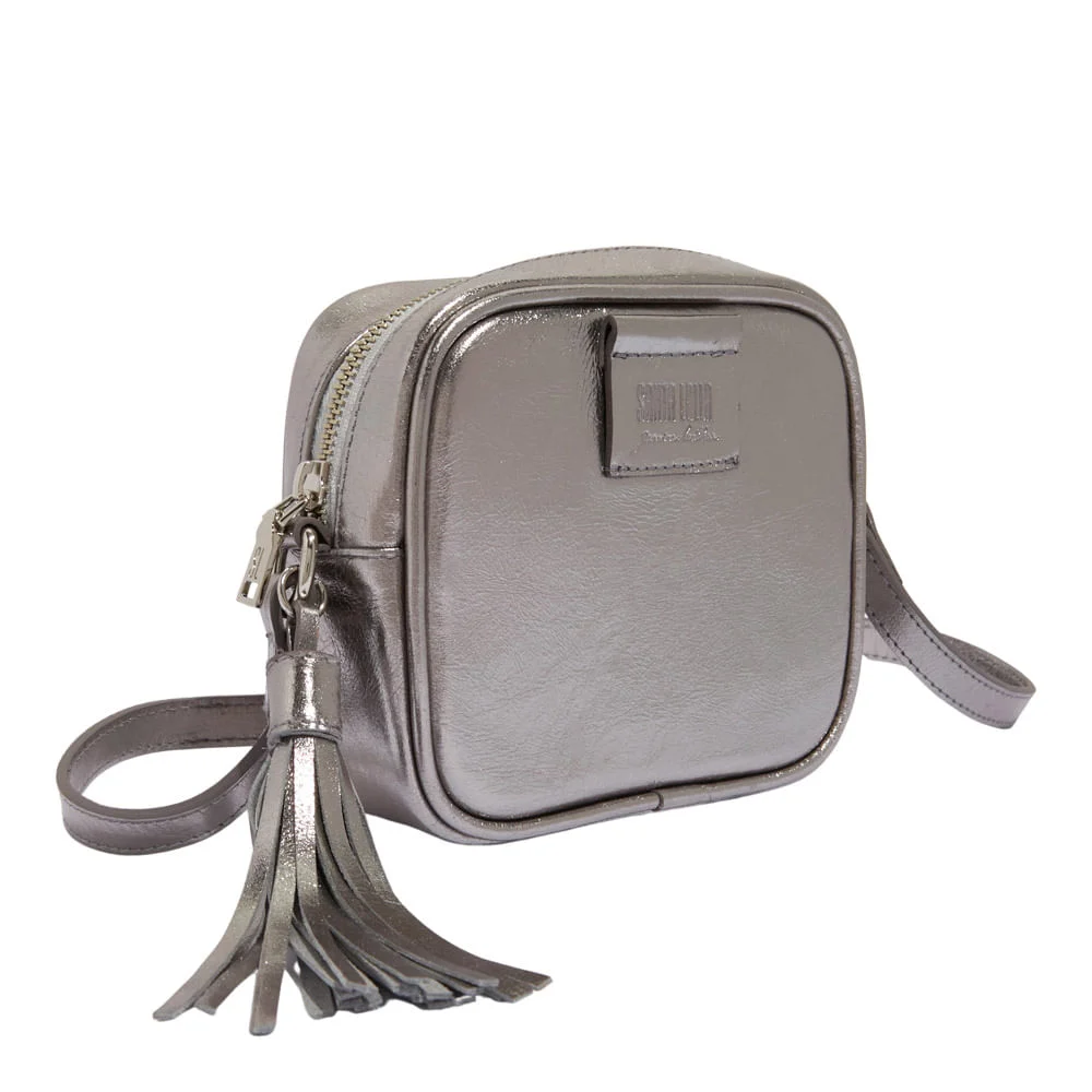 Bolsa Couro Metalizada Preta Grafite Alça Transversal - vista 2 de 3
