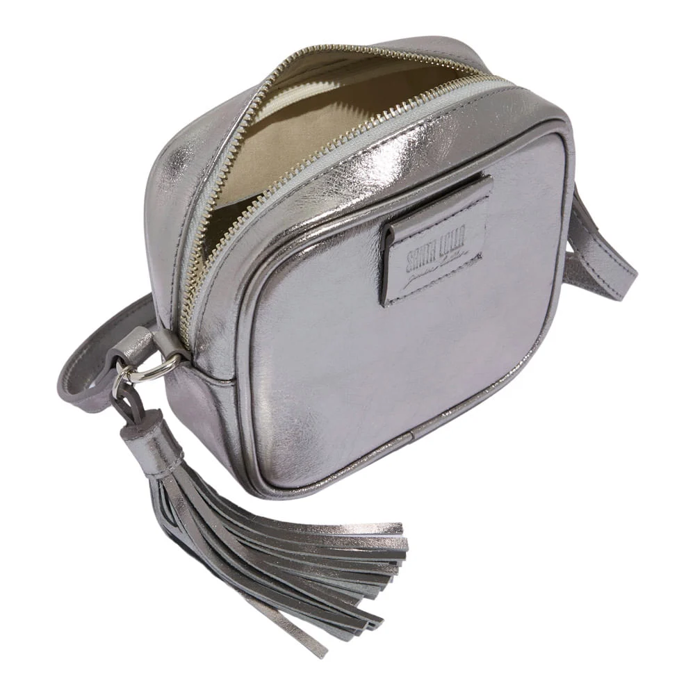 Bolsa Couro Metalizada Preta Grafite Alça Transversal - vista 3 de 3