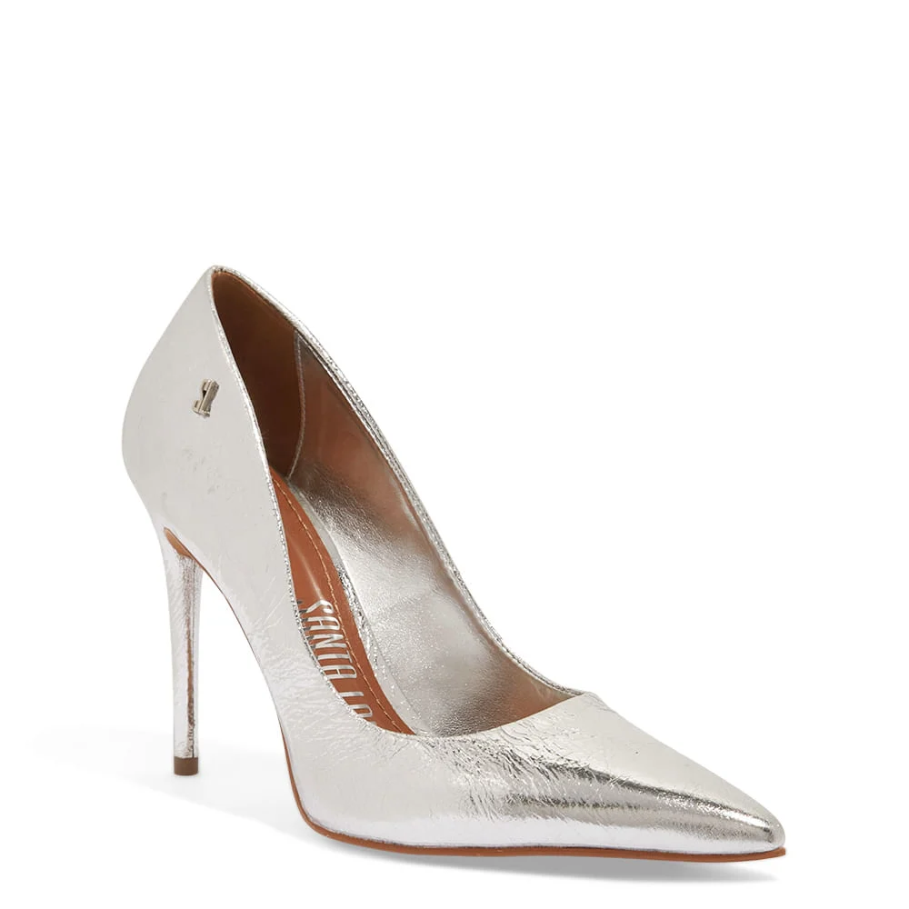 Scarpin Bico Fino Couro Metalizado Prata Salto Alto - vista 2 de 4
