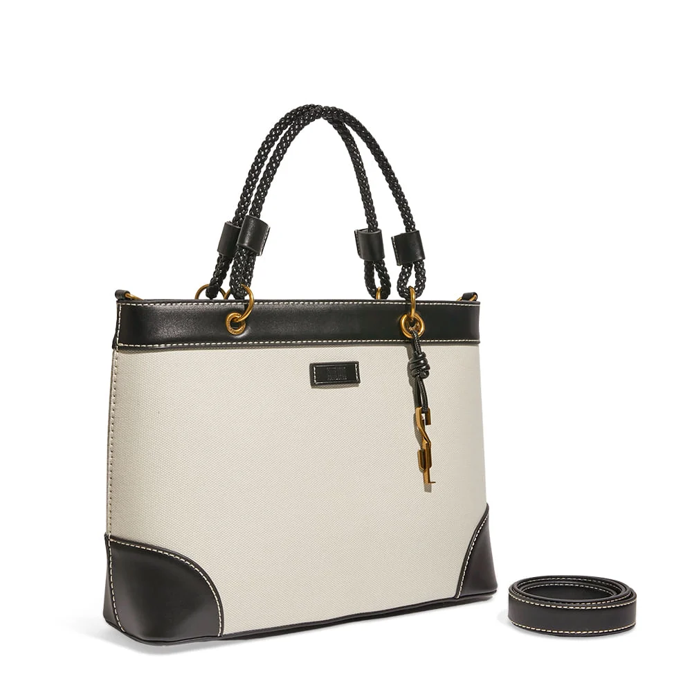 Bolsa Tote Bag Canvas Preto E Branco Recortes Pespontos - vista 2 de 3