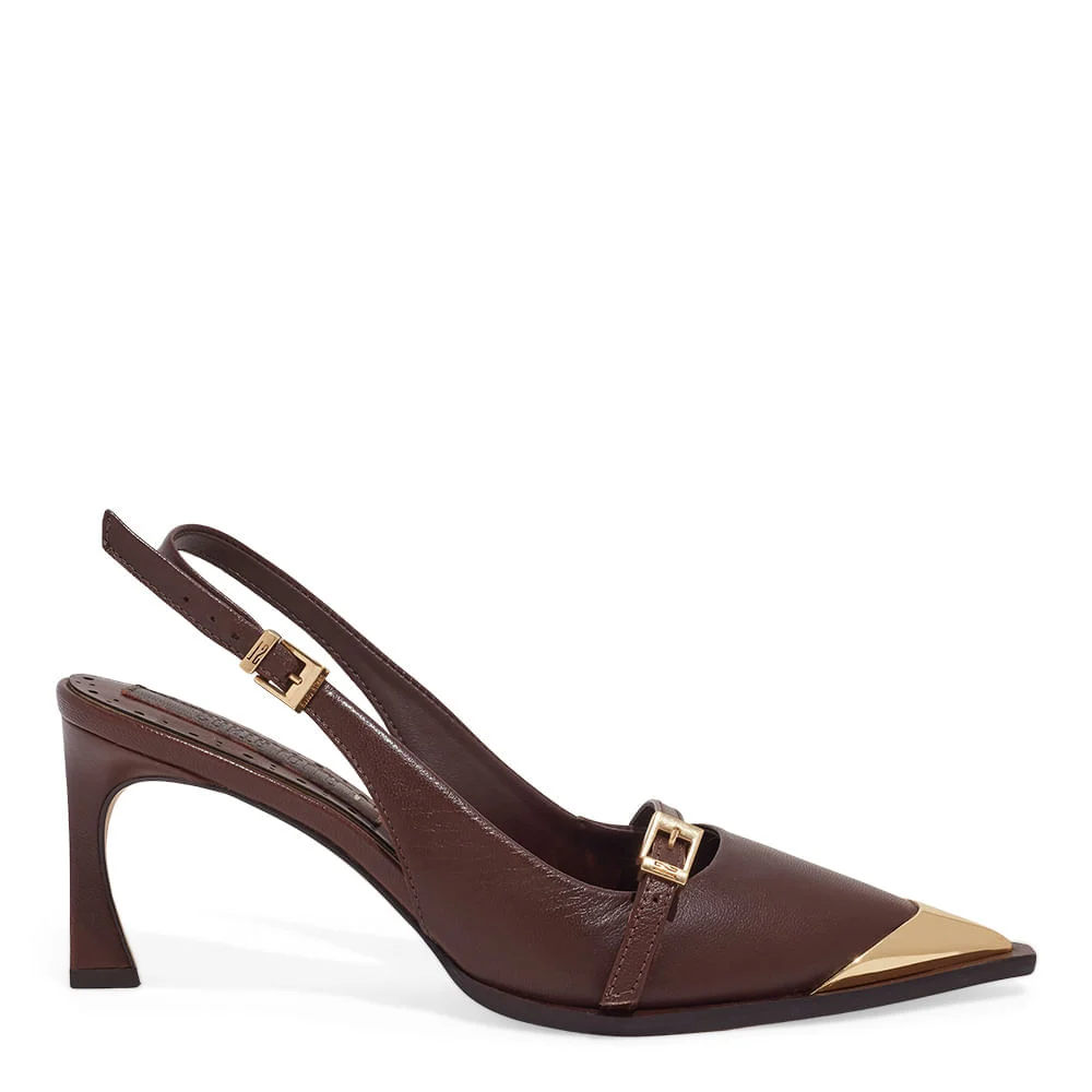 Scarpin Slingback Couro Pelica Soft Marrom Dark - vista 3 de 7