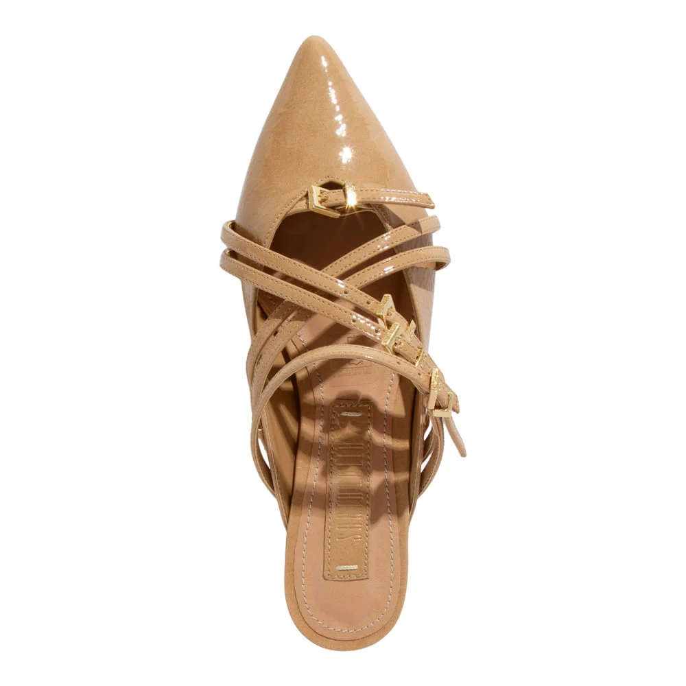 Mule Bico Fino Verniz Glossy Bege Tiras Fivela - vista 3 de 4