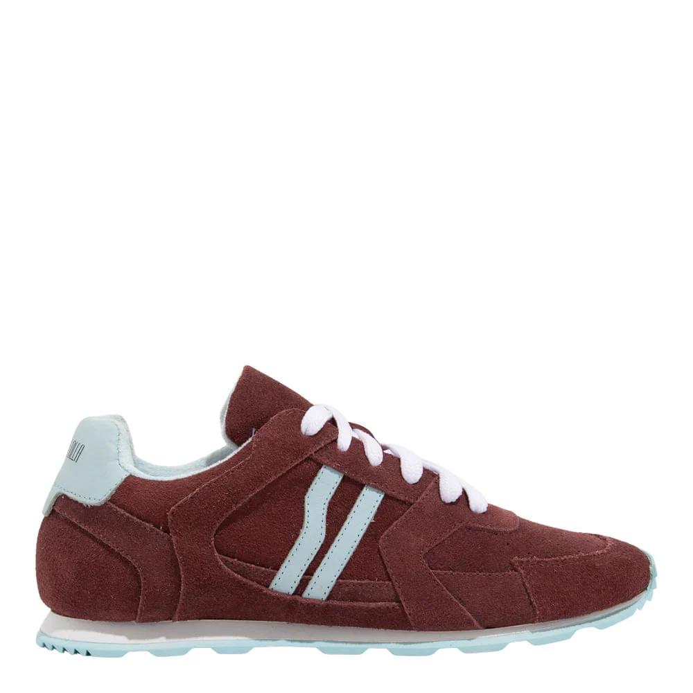 Tênis Jogging Couro Camurça Vermelho Bordô Recortes Azul - vista 2 de 5