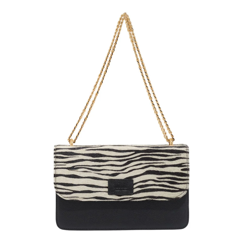 Bolsa Pequena Couro Estampa Animal Print Zebra Alça de Ombro Corrente - vista 3 de 5