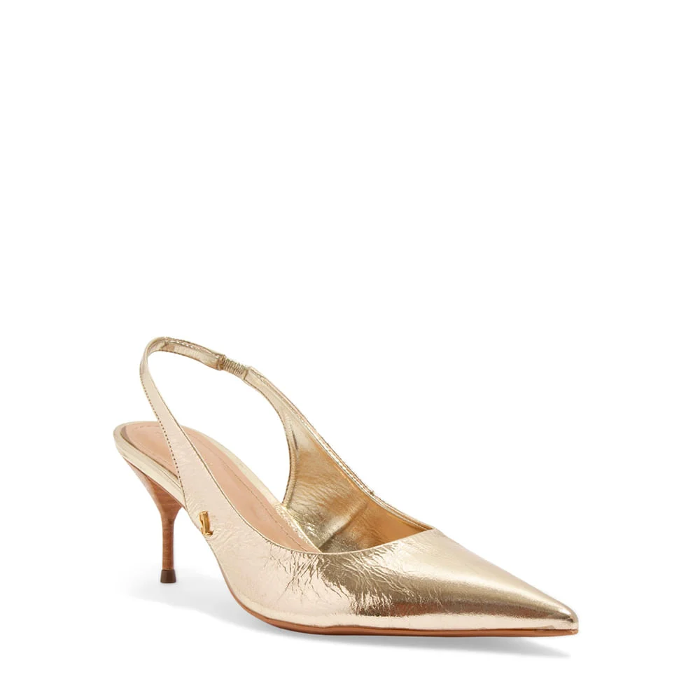 Scarpin Slingback Couro Metalizado Dourado Bico Fino Salto Agulha - vista 2 de 3