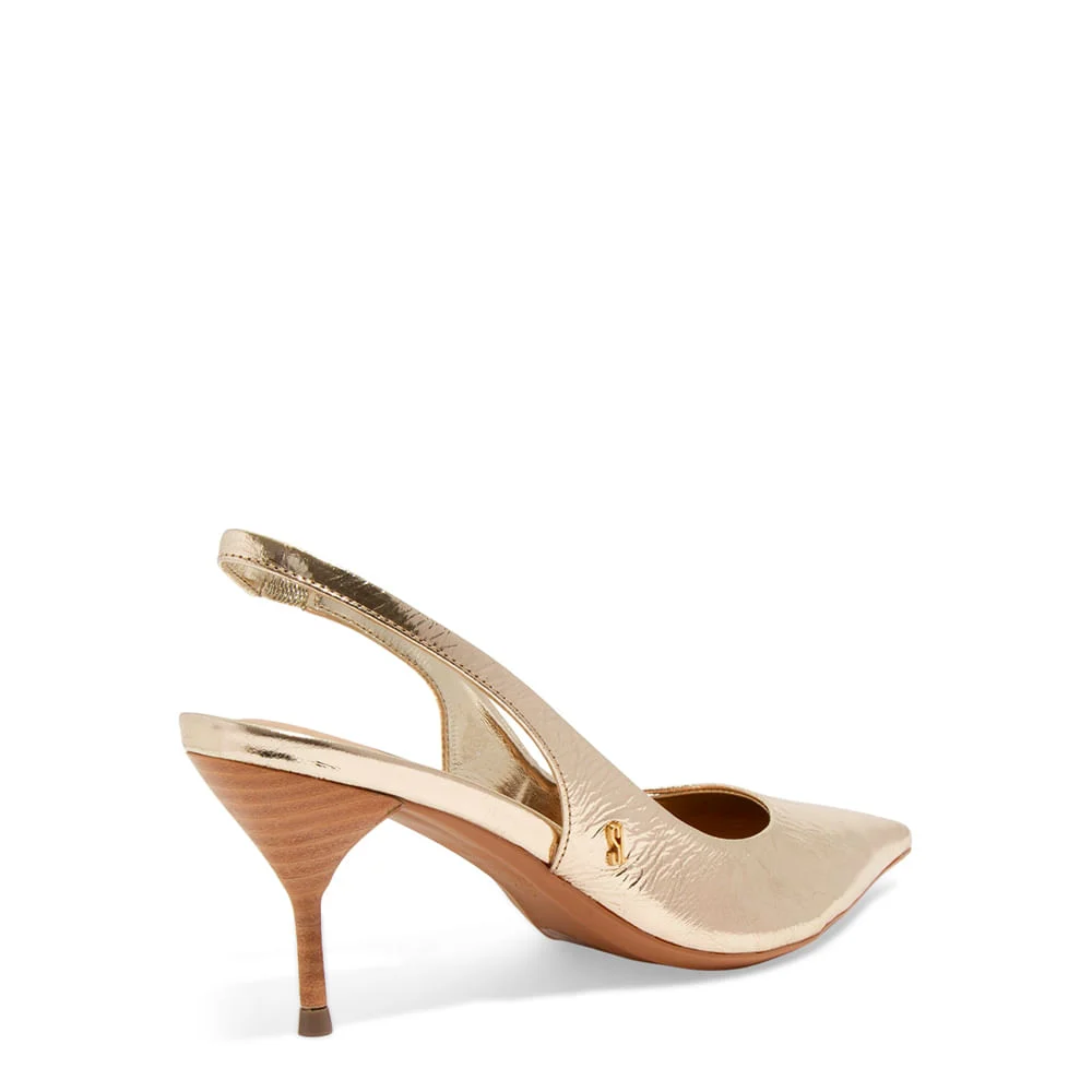 Scarpin Slingback Couro Metalizado Dourado Bico Fino Salto Agulha - vista 3 de 3