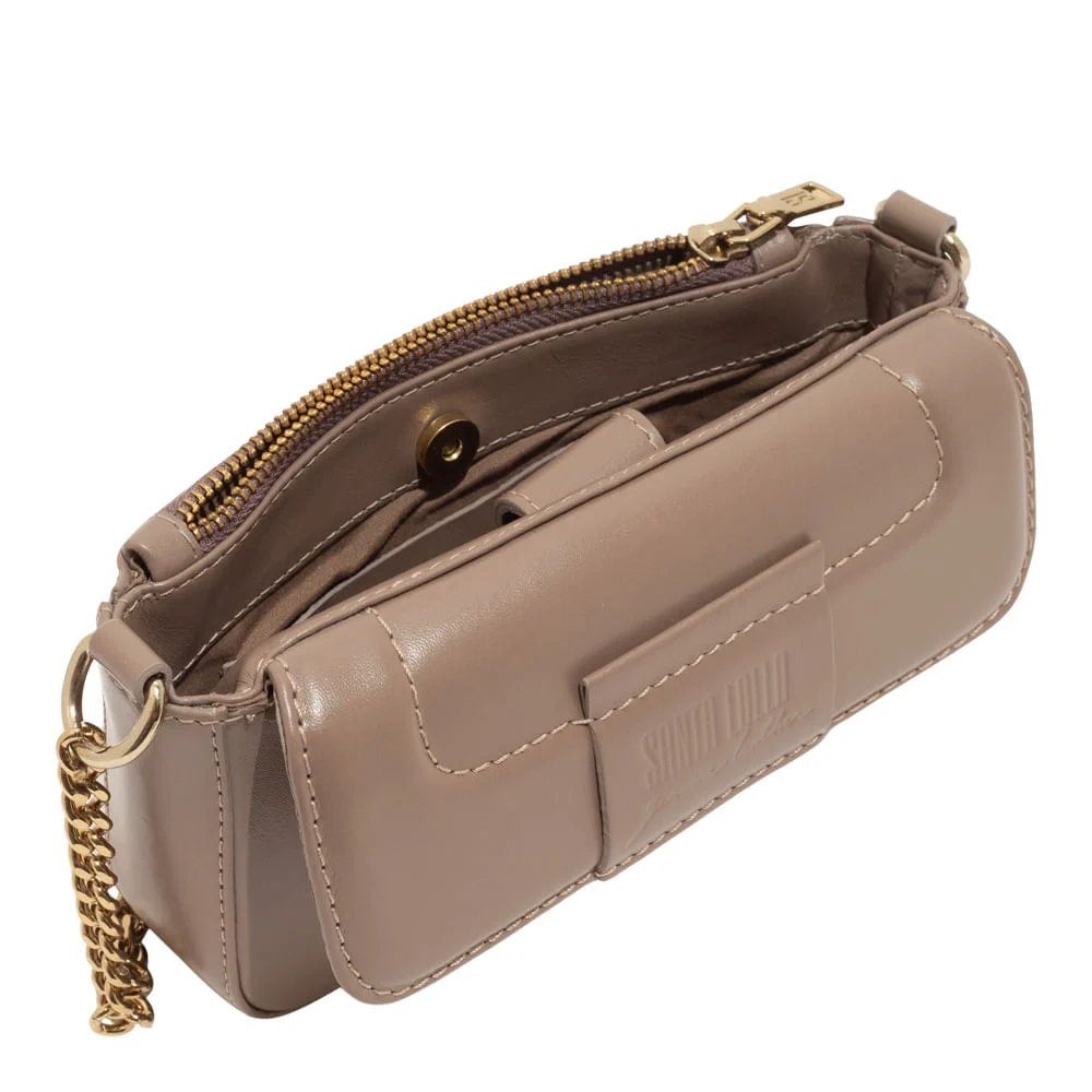 Bolsa Pequena Couro Soft Marrom Alça Corrente - vista 3 de 3