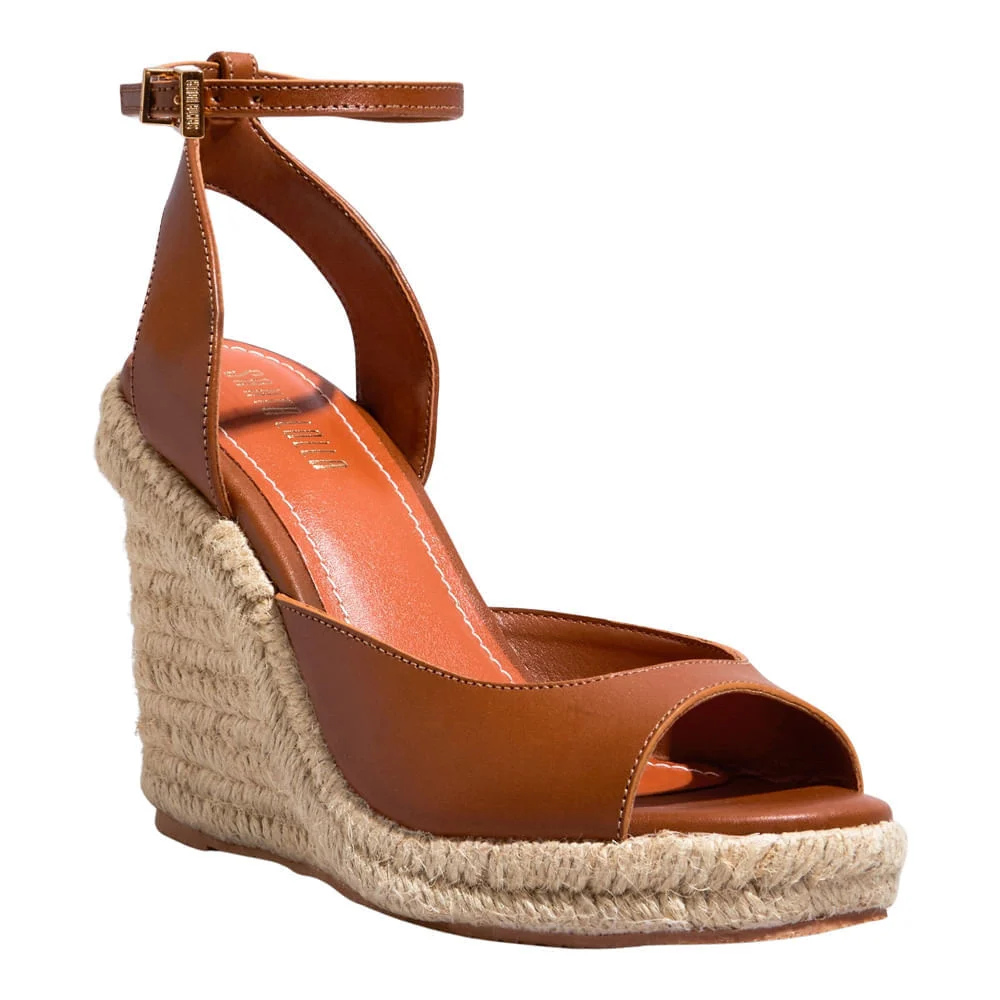 Espadrille Couro Confort Salto Anabela Marrom Safari - vista 2 de 3