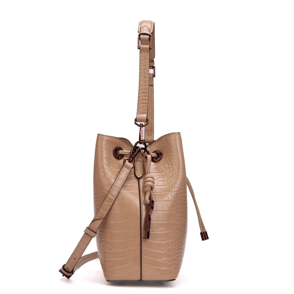 Bolsa Bucket Croco Bege Alça Dupla - vista 4 de 7