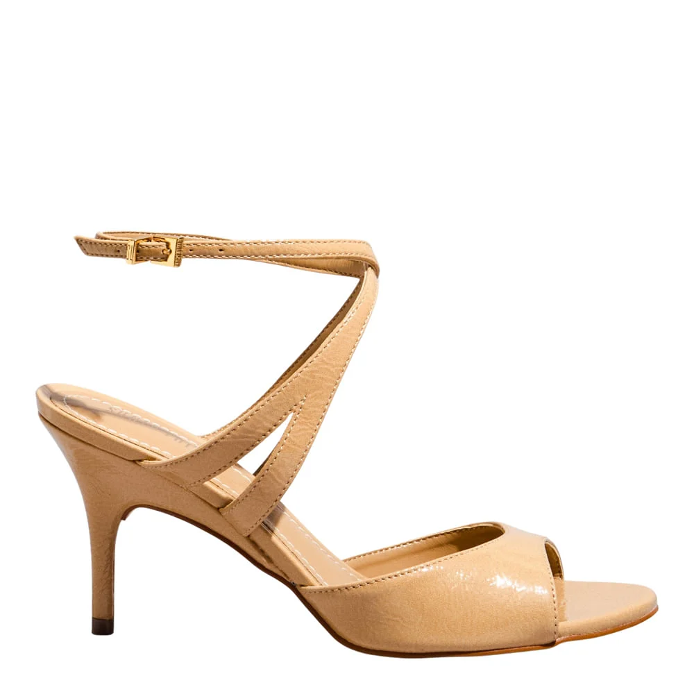Sandália peep toe verniz salto médio bege - vista 1 de 3