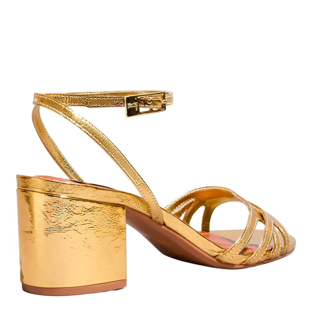 Sandália Couro Metalizado Salto Bloco Dourado - vista 3 de 3