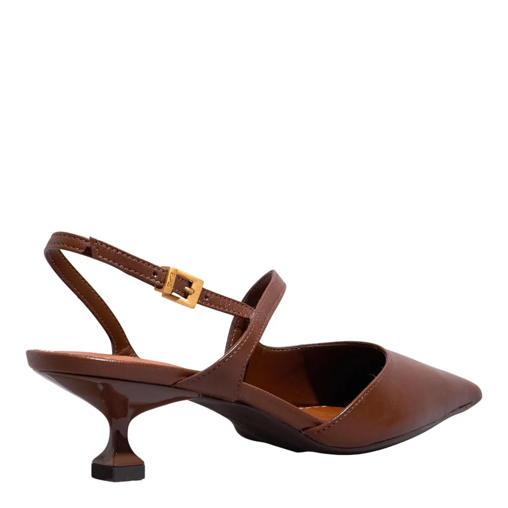 Scarpin Slingback Couro Pelica Soft Salto Taça Marrom Conhaque - vista 3 de 3