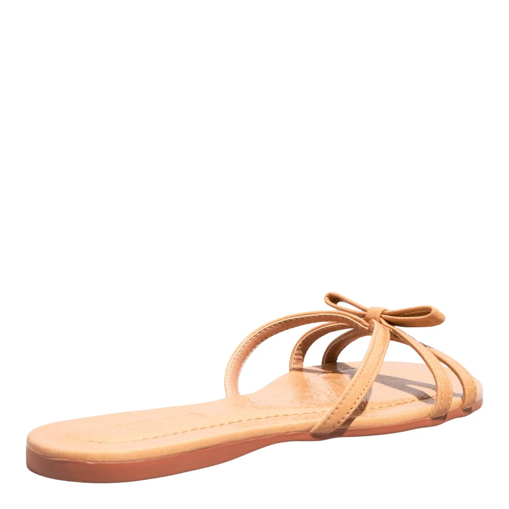 Rasteira Flat Verniz Glossy Tiras Laço Bege - vista 2 de 3