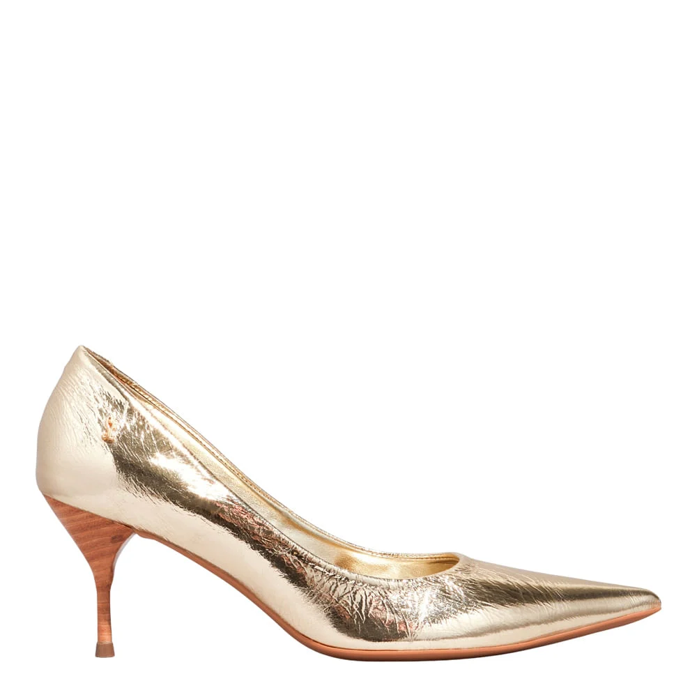 Scarpin  Couro Metalizado Dourado Bico Fino - vista 1 de 3
