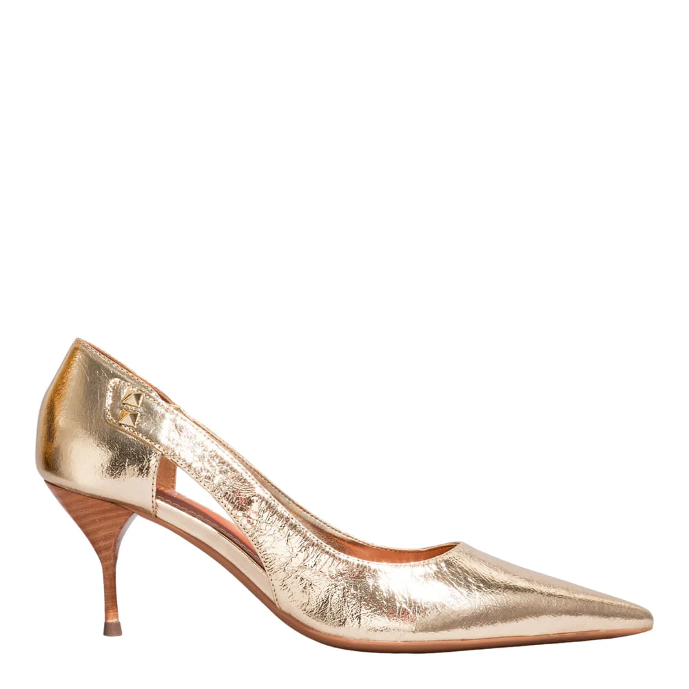 Scarpin Couro Metalizado Recorte Dourado Salto Médio - vista 1 de 4