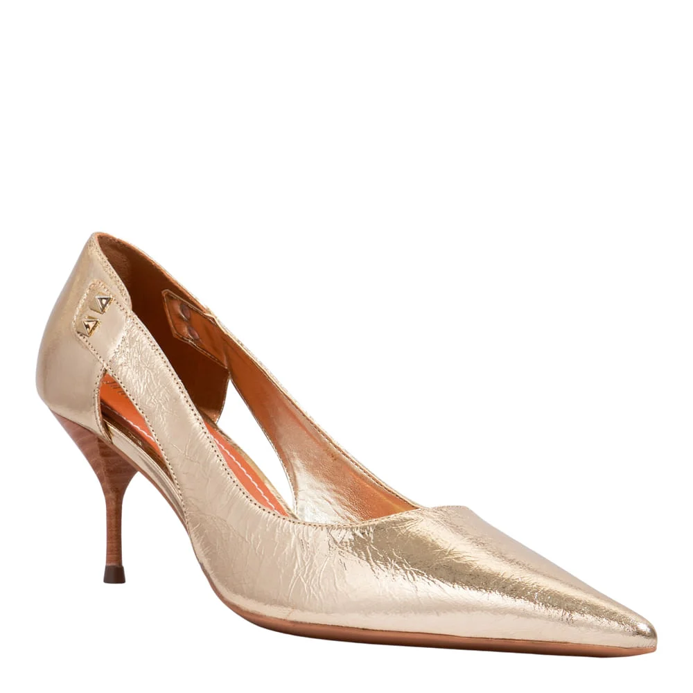 Scarpin Couro Metalizado Recorte Dourado Salto Médio - vista 2 de 4