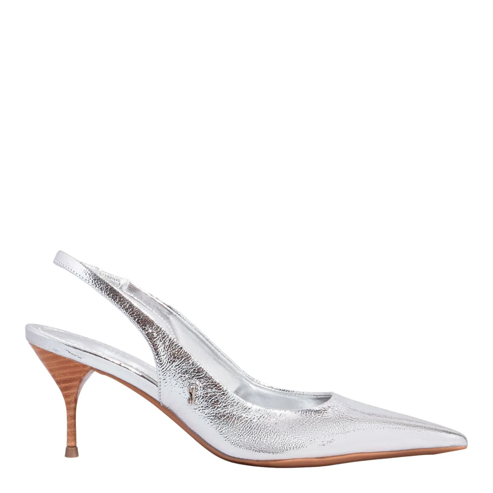 Scarpin Slingback Couro Metalizado Salto Médio Prata - vista 1 de 3