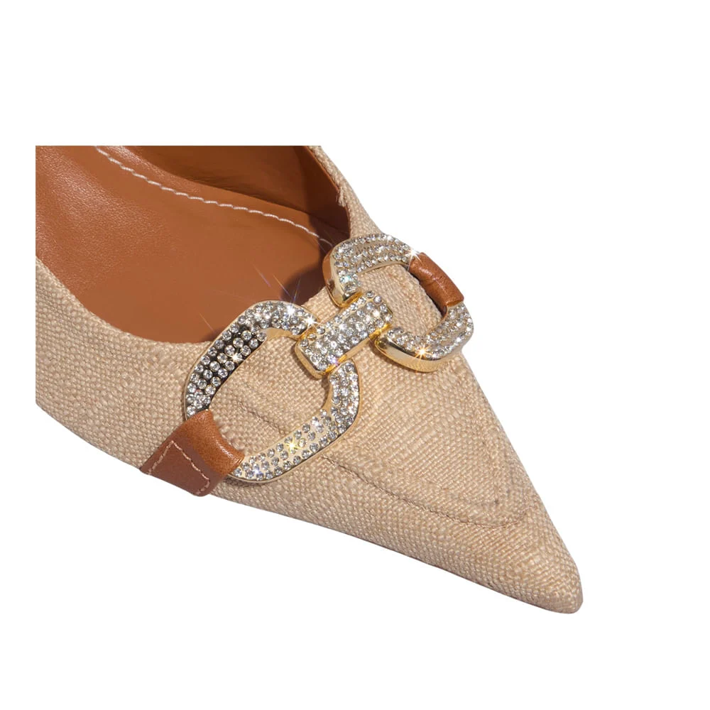 Scarpin Slingback Pedraria Linho Copacabana Bege Salto Baixo Bico Fino - vista 4 de 4
