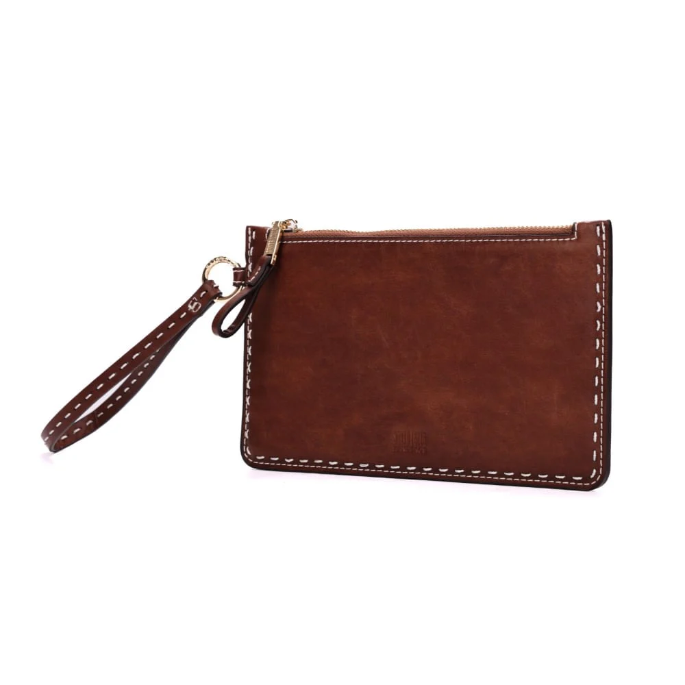 Clutch Rustica Alça De Mão Pespontos Marrom - vista 2 de 6