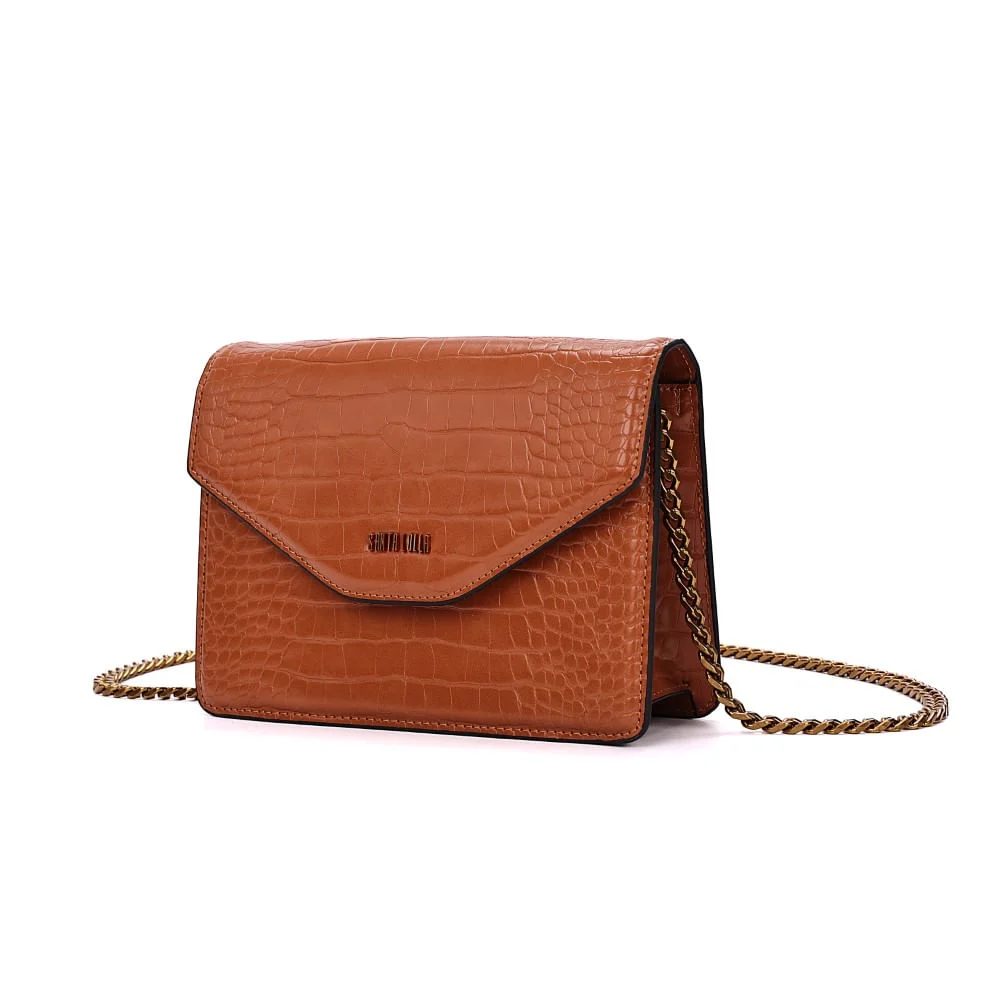 Bolsa Envelope Croco Marrom Alça Corrente Transversal - vista 3 de 7