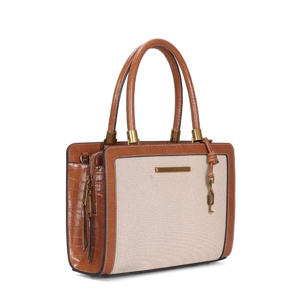 Bolsa Tote Bag Canvas Bege Transversal Pespontos - vista 2 de 3