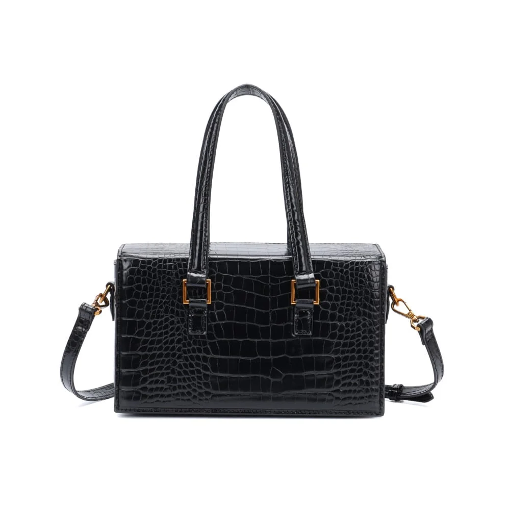 Bolsa Pequena Tote Croco Preta Alça Dupla - vista 3 de 5