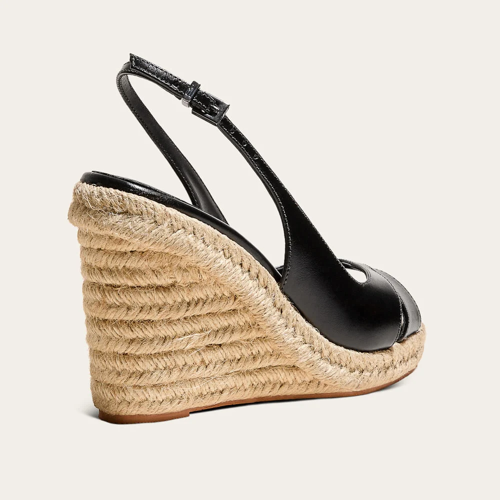 Sandália Espadrille Couro Confort Salto Anabela Preto - vista 2 de 4