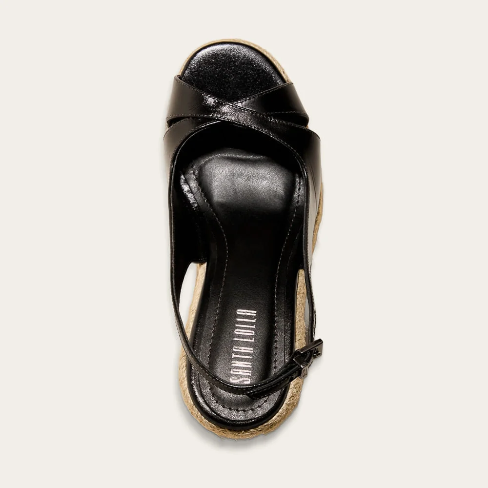 Sandália Espadrille Couro Confort Salto Anabela Preto - vista 3 de 4