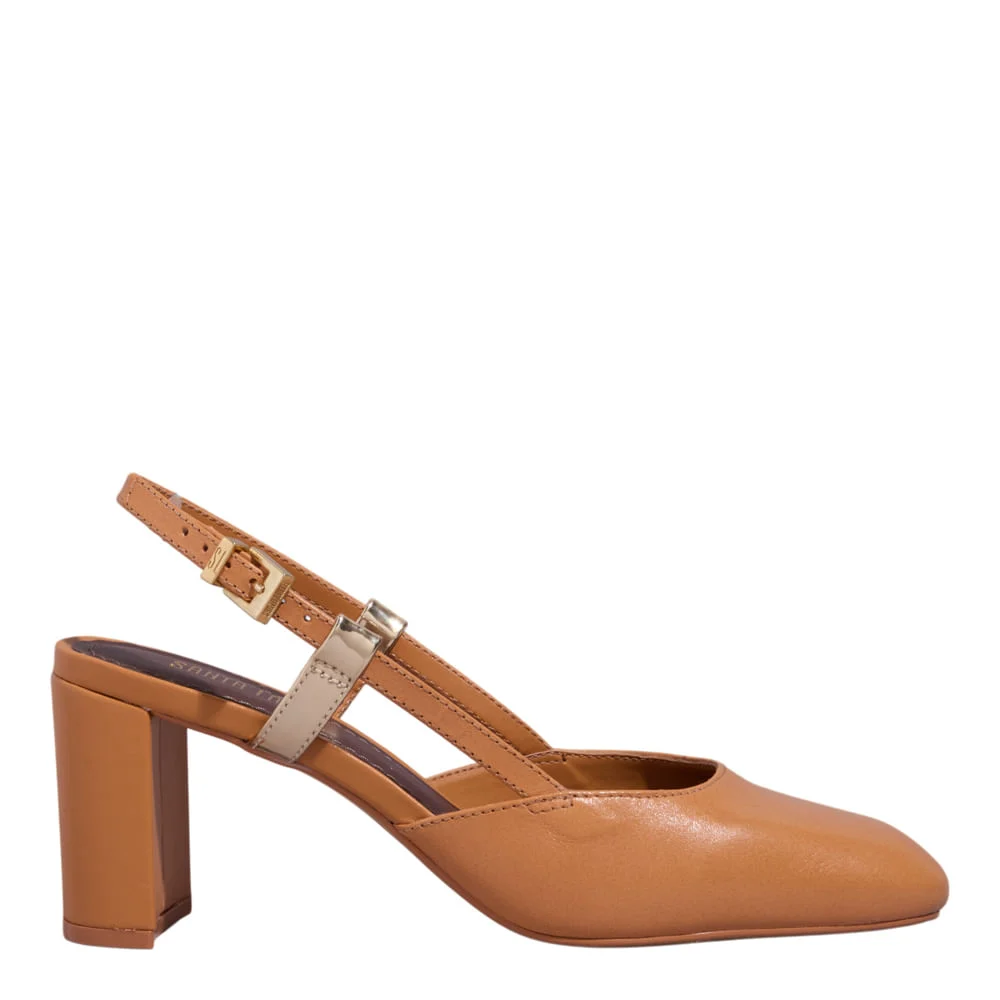 Scarpin Slingback Couro Bico Quadrado Salto Bloco Caramelo - vista 1 de 3