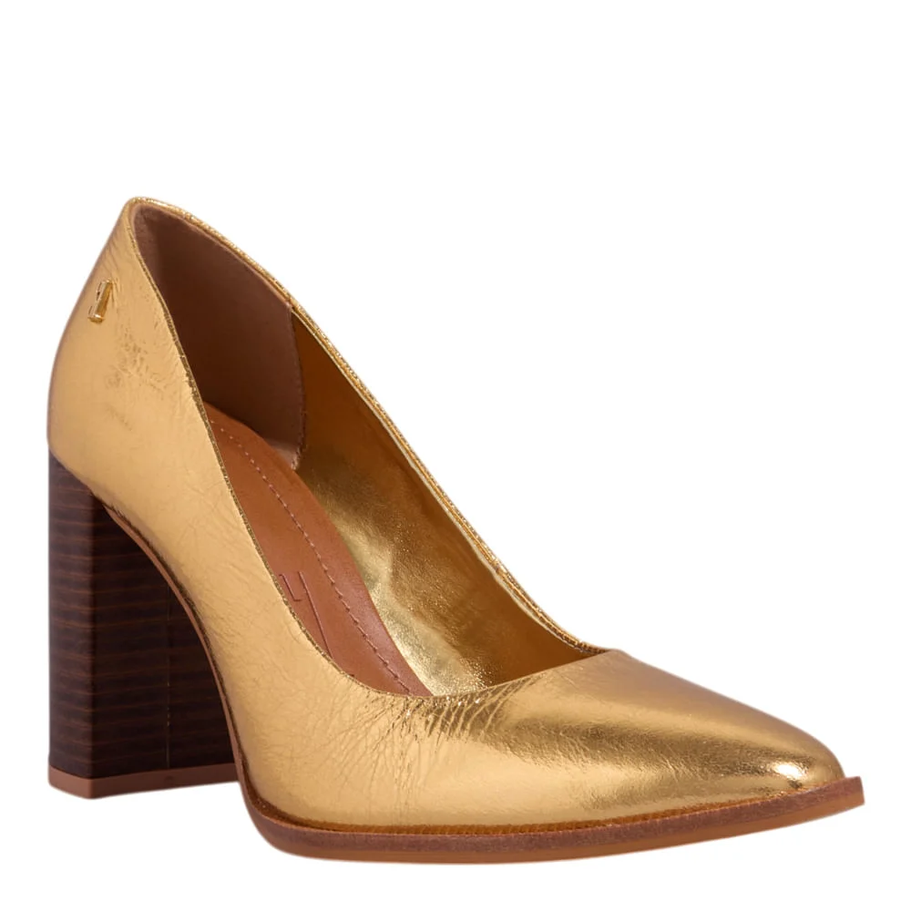 Scarpin Boneca Couro Metalizado Salto Bloco Dourado - vista 2 de 3