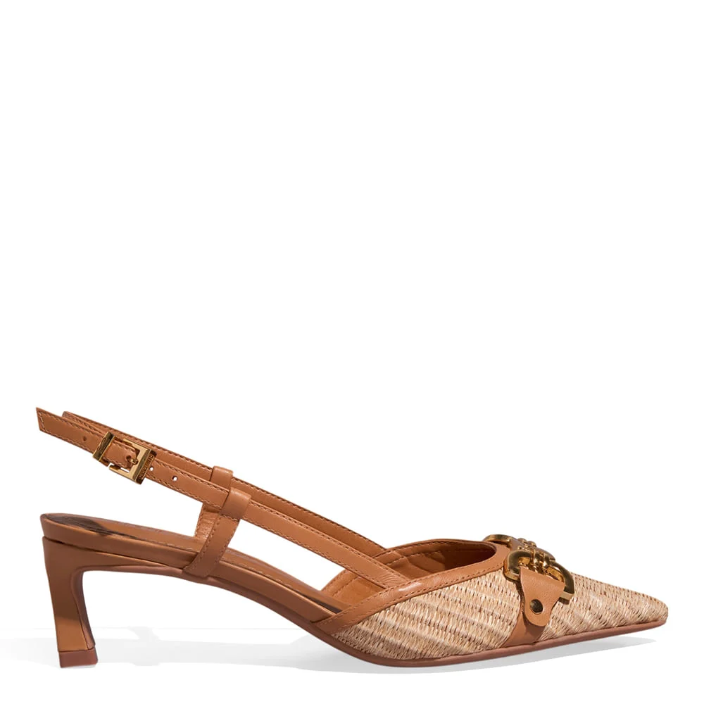 Scarpin Slingback Couro Nobre Soft Caramelo Salto Baixo - vista 1 de 3