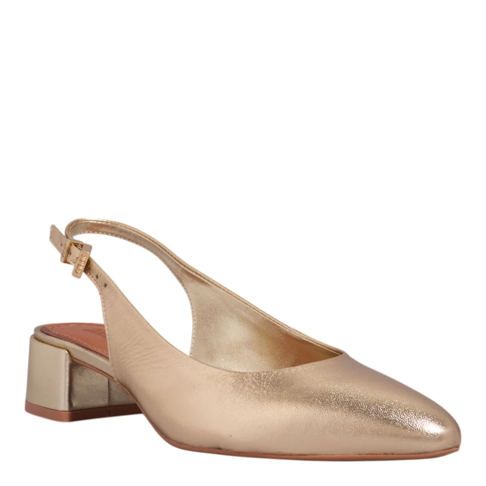 Scarpin Slingback Couro Metalizado Salto Bloco Dourado - vista 2 de 3