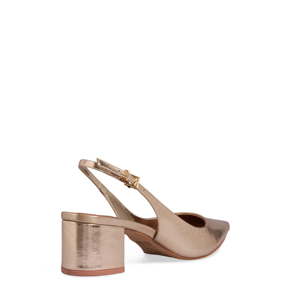 Scarpin Slingback Metalizado Salto Bloco Bico Fino Dourado - vista 3 de 3