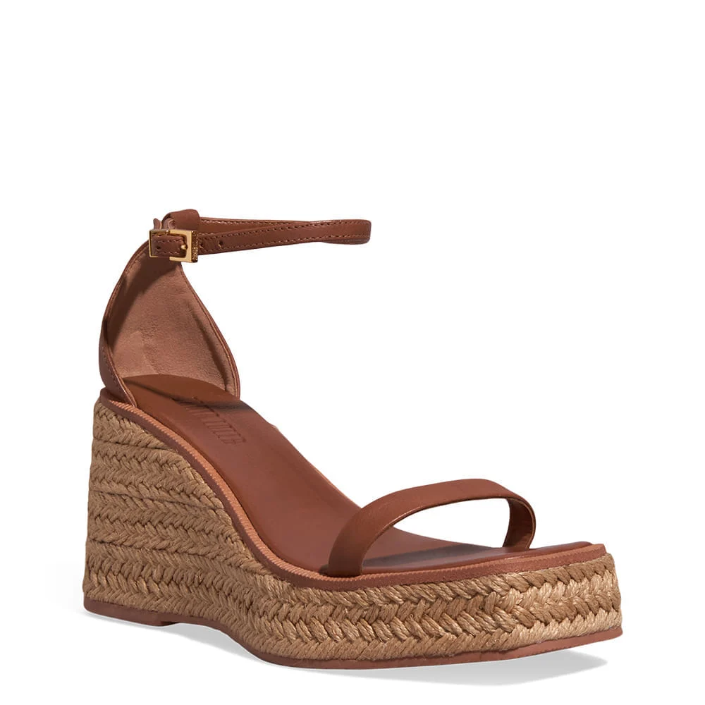 Sandália Espadrille Anabela Couro Confort Marrom - vista 2 de 3