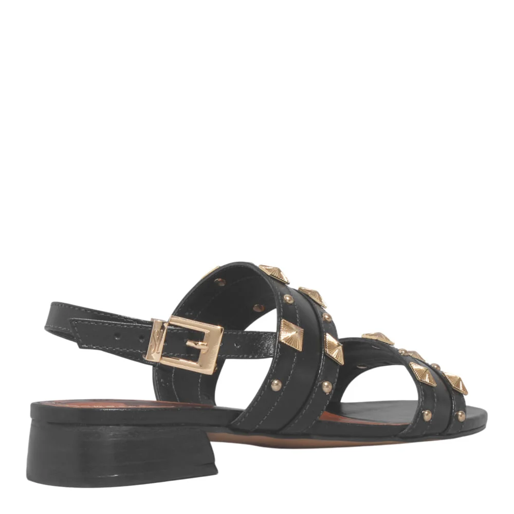 Rasteira Couro Preta Salto Baixo Spikes - vista 3 de 4