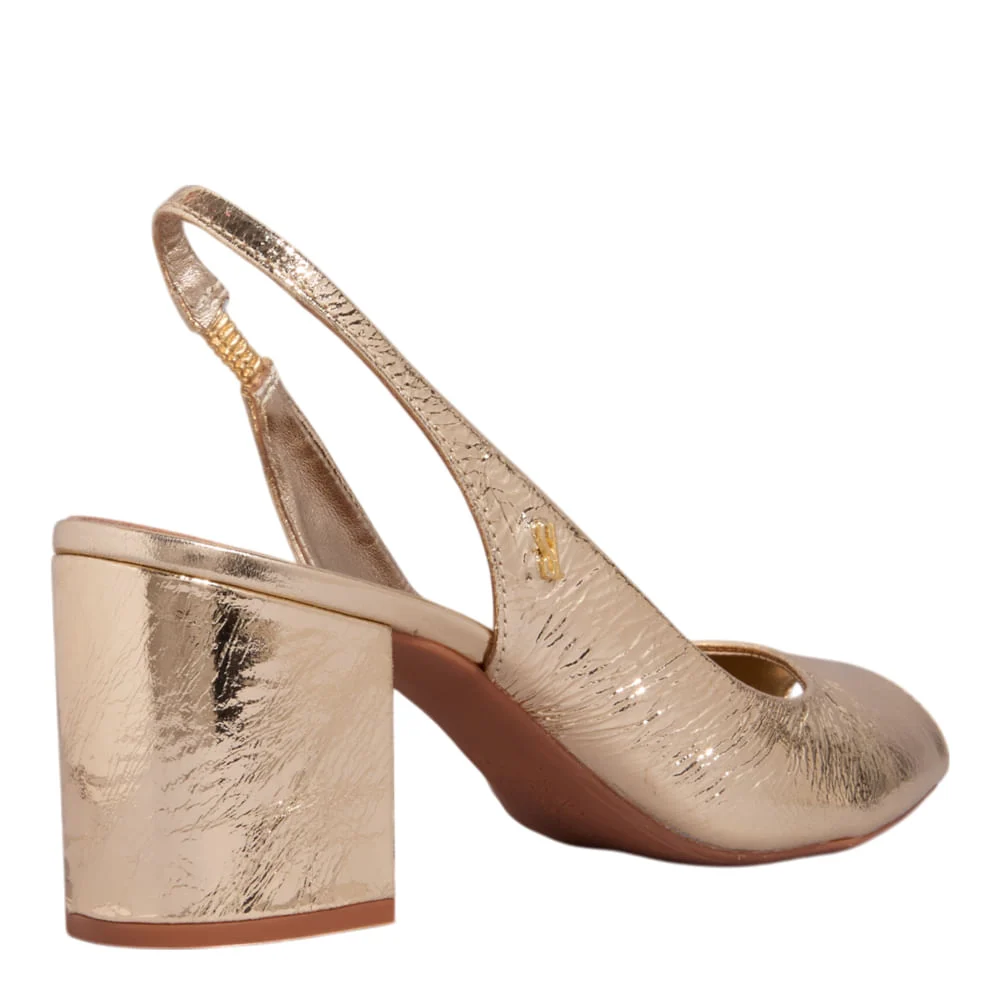 Peep Toe Slingback Couro Metalizado Salto Grosso Dourado - vista 3 de 3
