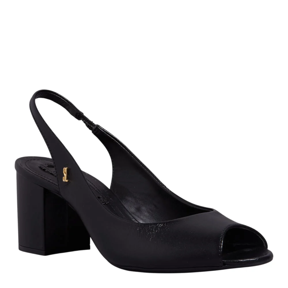 Peep Toe Slingback Couro Preto Salto Grosso - vista 2 de 3