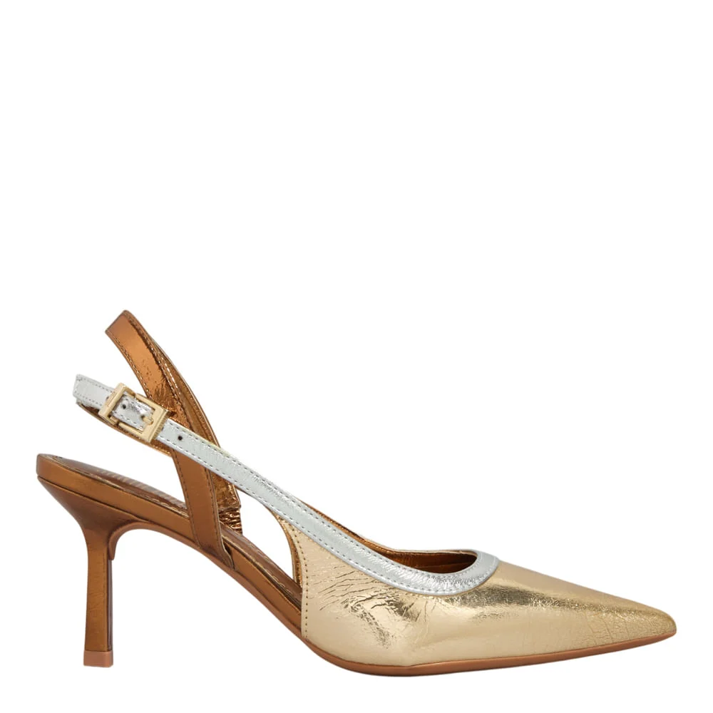 Scarpin Slingback Couro Metalizado Dourado Salto Fino - vista 1 de 3