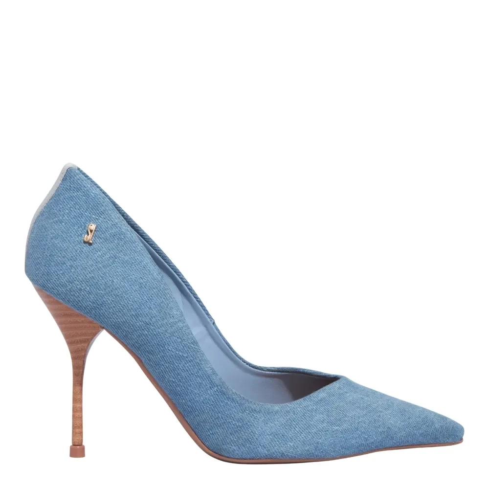 Scarpin Texturizado Azul Jeans Bico Fino Salto Agulha - vista 1 de 3
