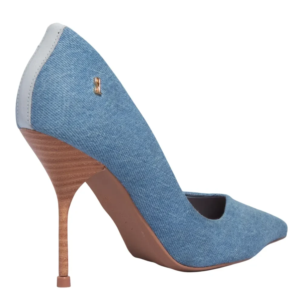 Scarpin Texturizado Azul Jeans Bico Fino Salto Agulha - vista 3 de 3