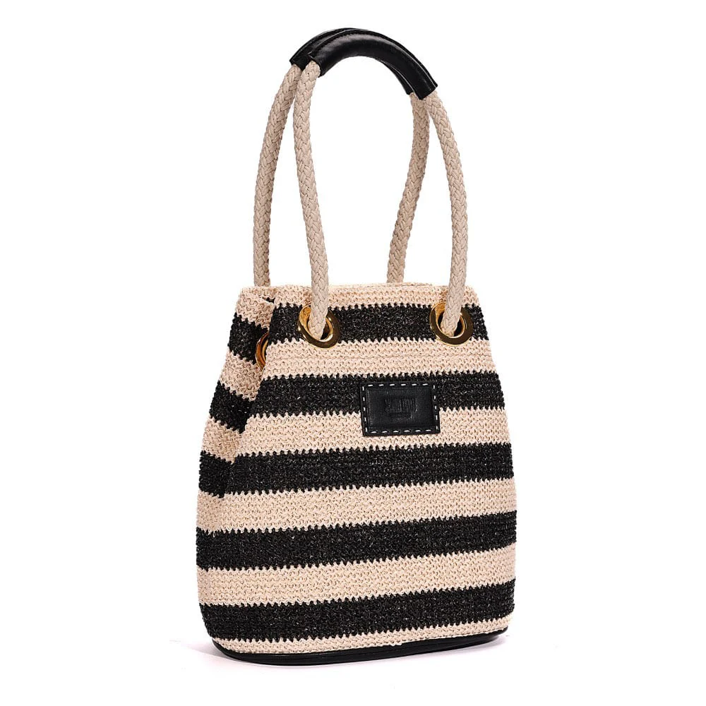Bolsa Bucket Tramado Alça De Mão Listrada Preta a Branco - vista 3 de 8