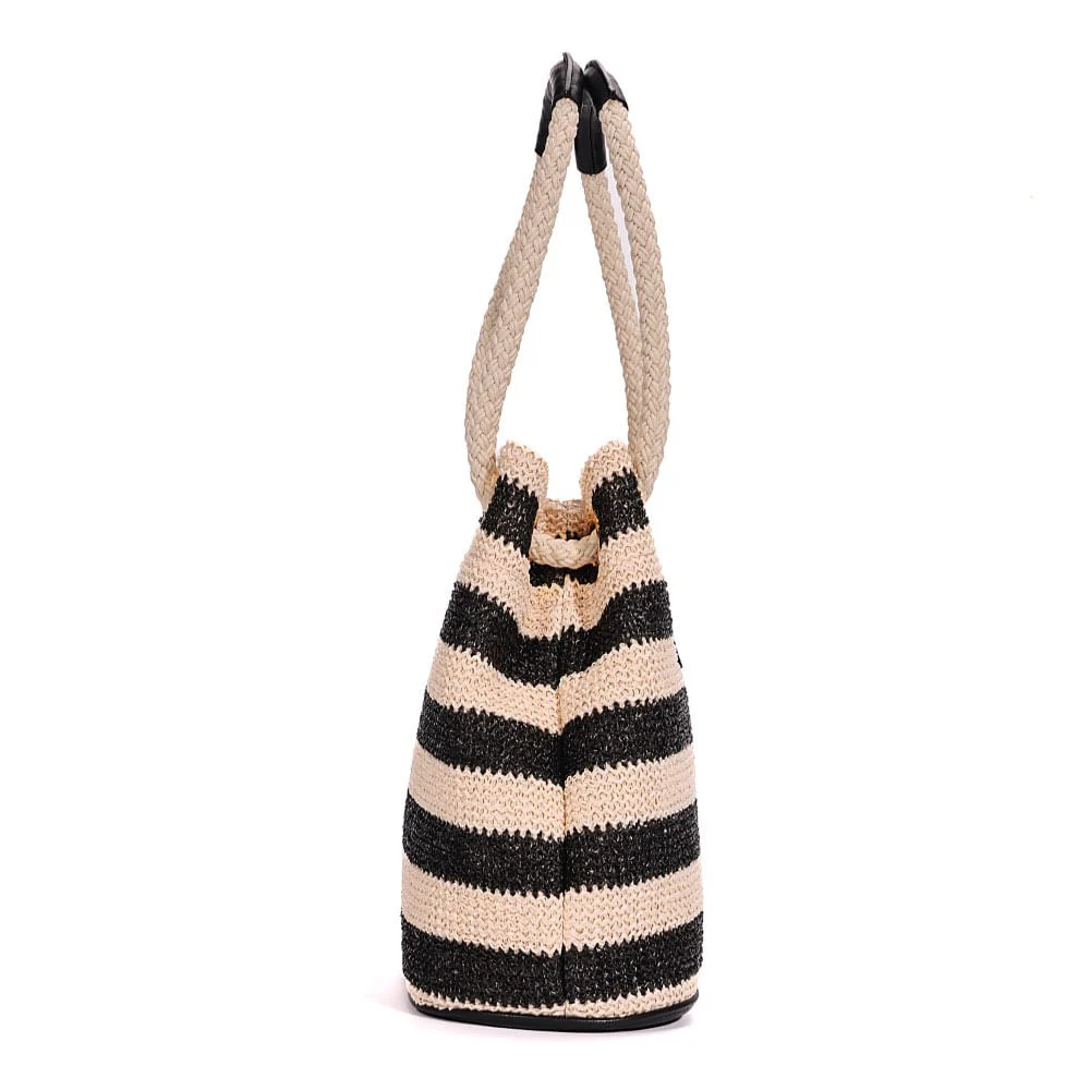 Bolsa Bucket Tramado Alça De Mão Listrada Preta a Branco - vista 5 de 8