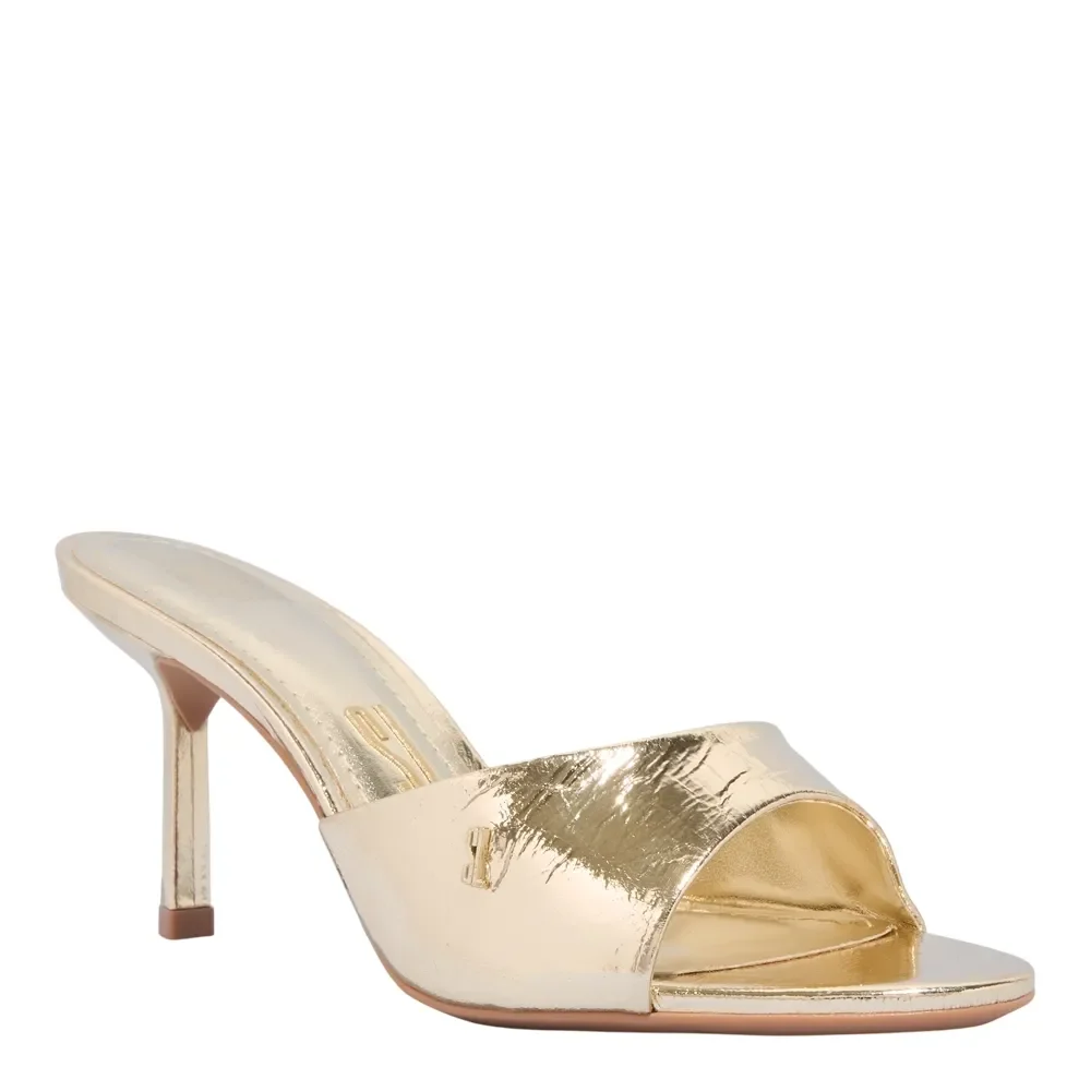 Mule Couro Metalizado Dourado Salto Alto Fino - vista 2 de 3