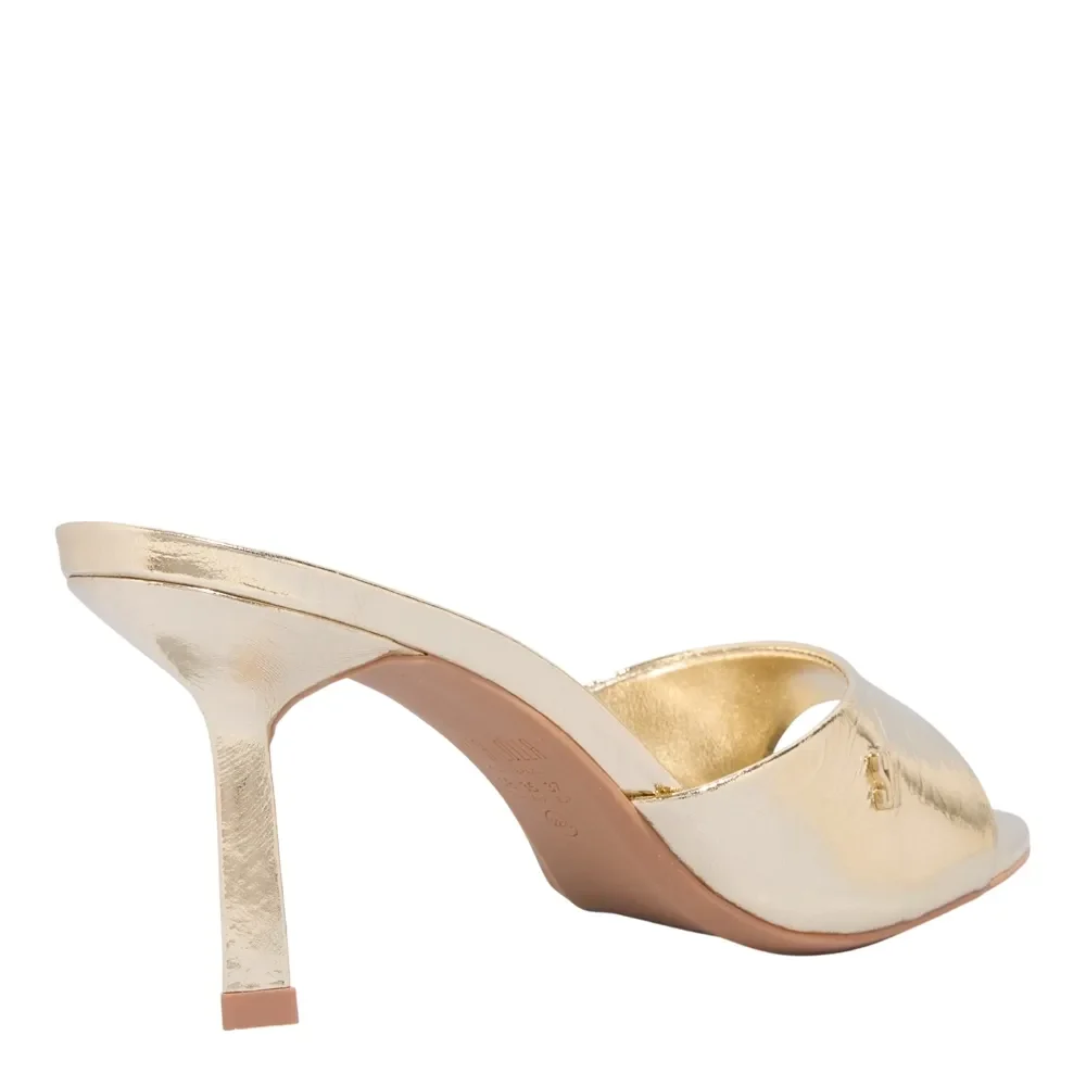 Mule Couro Metalizado Dourado Salto Alto Fino - vista 3 de 3