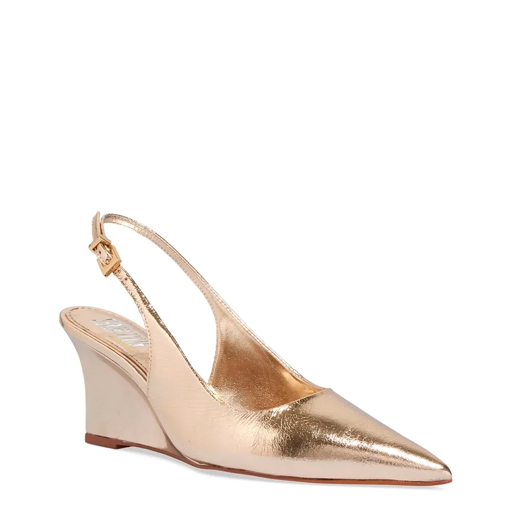 Scarpin Slingback Couro Metalizado Anabela - vista 3 de 4