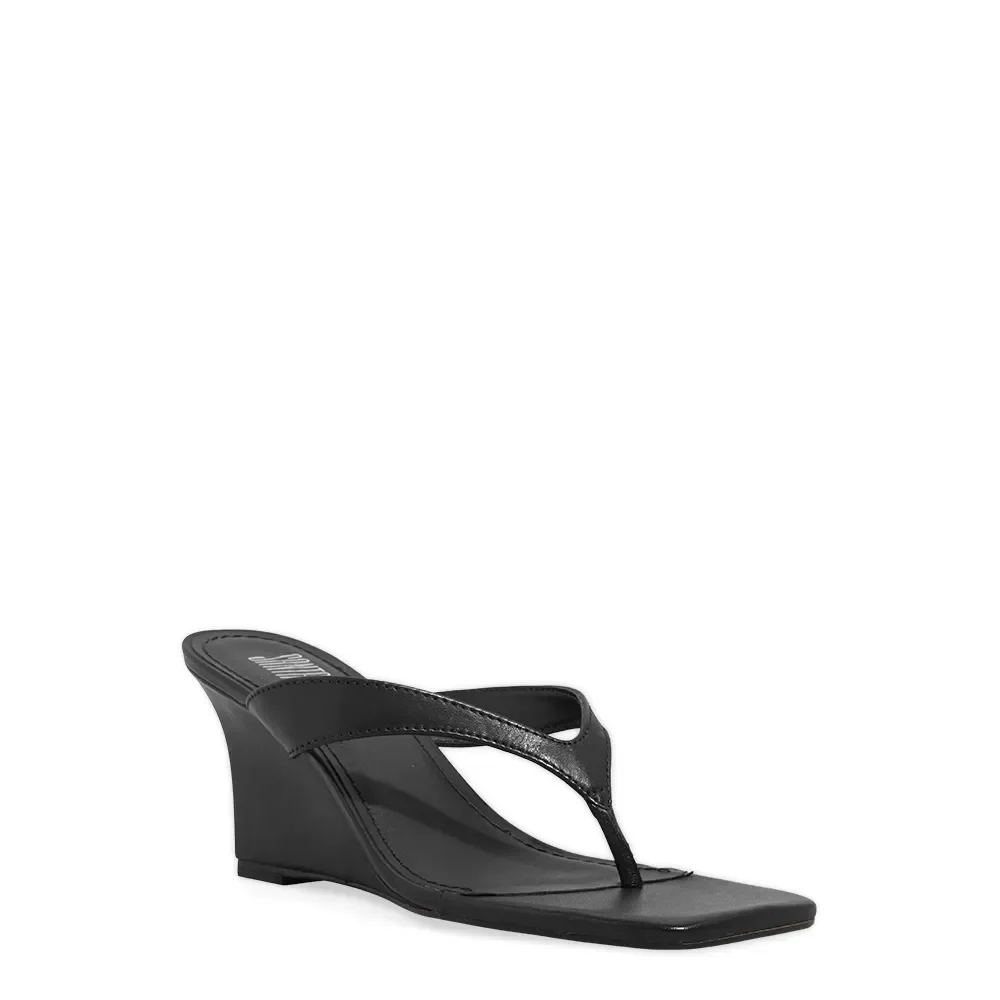 Mule Thong Couro Preto Anabela - vista 2 de 3