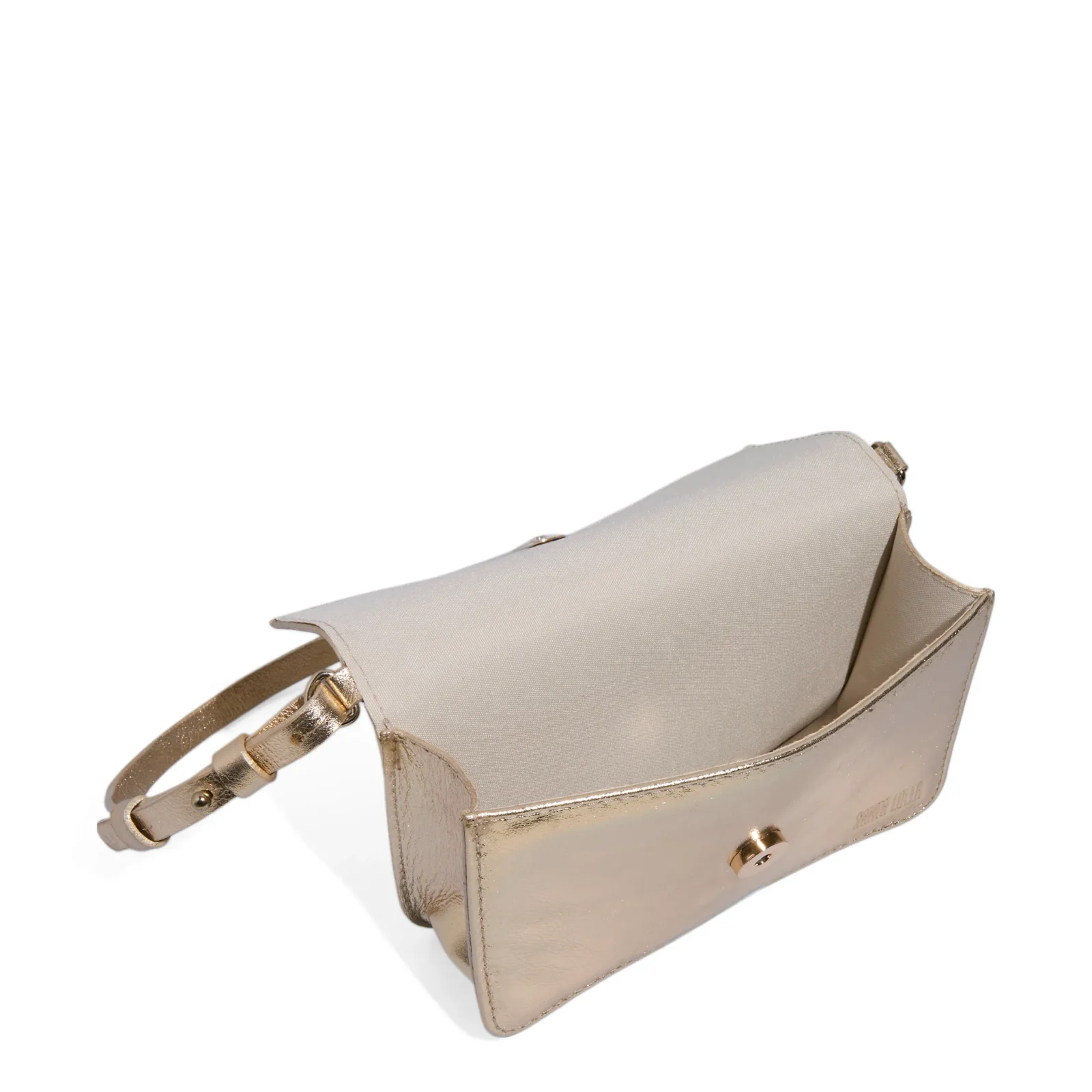 Bolsa Pequena Couro Metalizado Dourado Claro Alça Transversal - vista 3 de 3