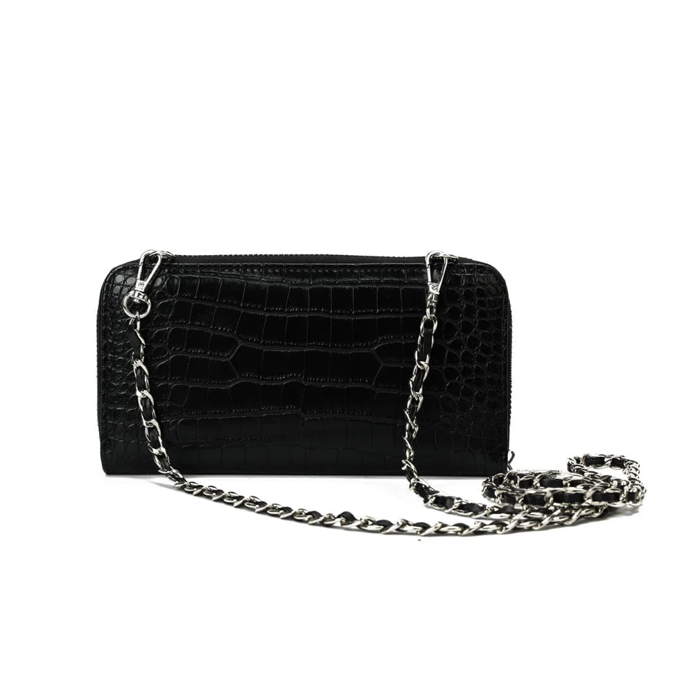 Bolsa Carteira Com Caixa Croco Alça De Ombro Corrente Croco Preta - vista 6 de 8